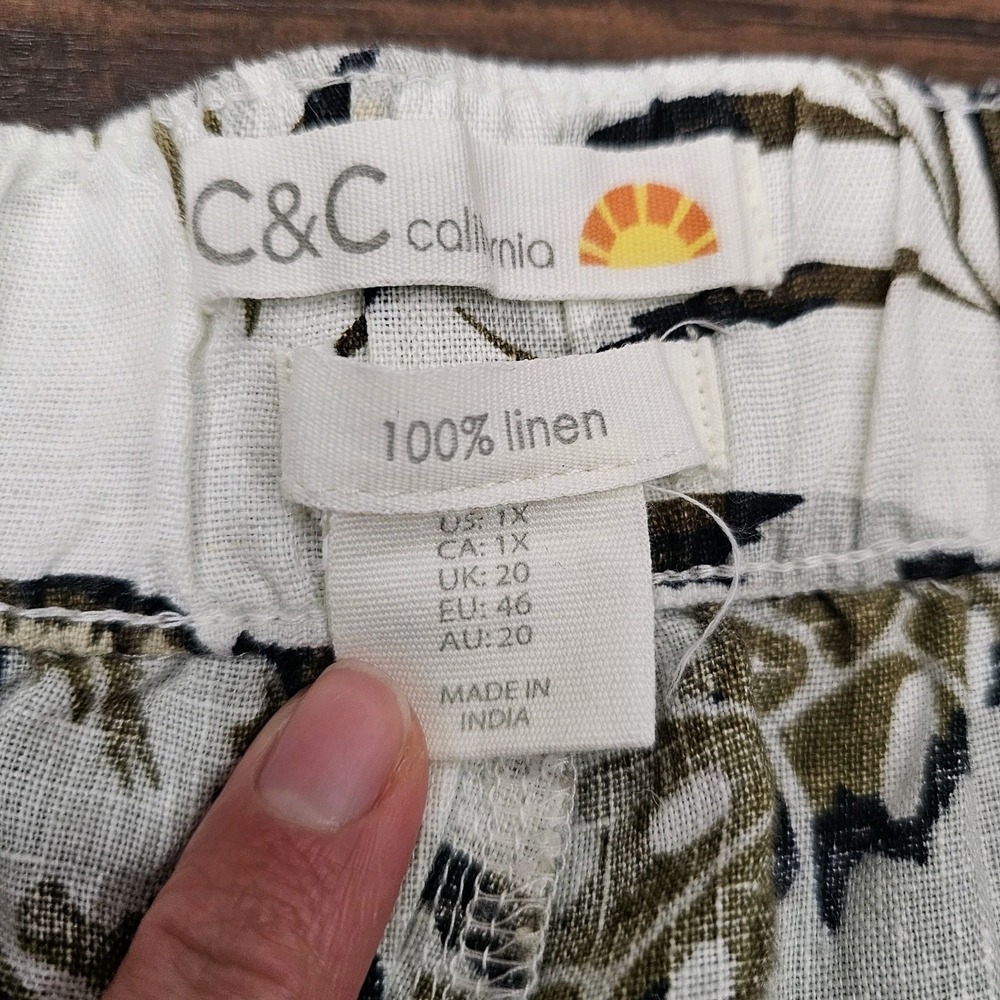 C&C California 100% Linen Pull On Ivory Floral Tropical Beach Pants Plus 1X Read - Picture 6 of 14